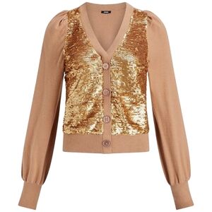 Express Sequin Button Front Cardigan Sweater Womens Medium Pecan Tan